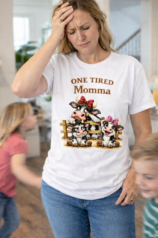 One Tired Momma™ Graphic T-Shirt – Funny Mom Shirt with Cow Design