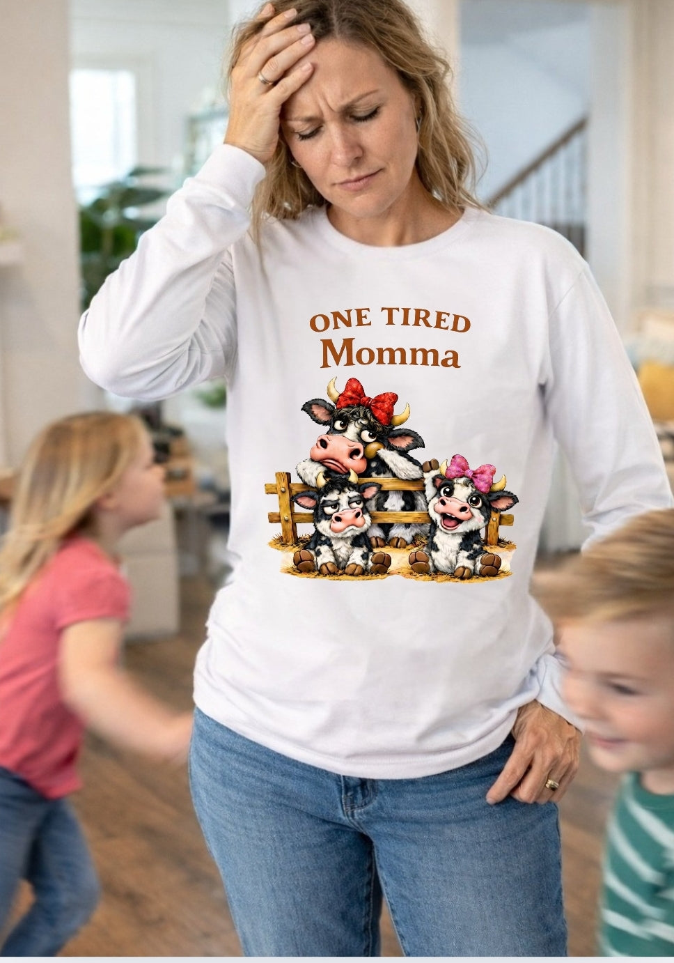 One Tired Momma™ Graphic T-Shirt – Funny Mom Shirt with Cow Design